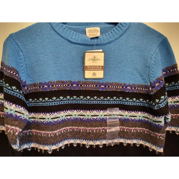 Vtg Deadstock Womens Blue Black Washable Lambswool Fair Isle Sweater Sz M - Picture 2 of 7